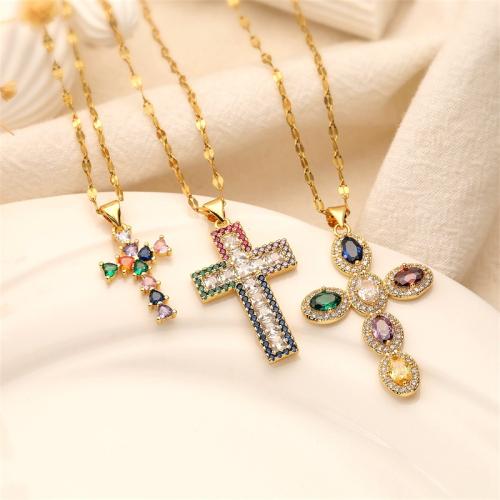 metal collar, con 5cm extender cadena, Cruces, chapado en color dorado, diferentes estilos para la opción & micro arcilla de zirconia cúbica & para mujer, longitud:aproximado 45 cm, Vendido por UD