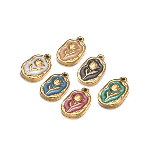 Stainless Steel Enamel Pendants, 304 Stainless Steel, gold color plated, DIY & with flower pattern 
