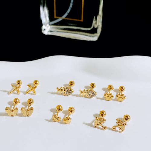 Titanium Steel Stud Earring, gold color plated & for woman & with rhinestone 