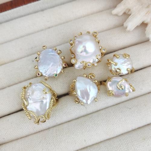 perle d'eau douce cultivée Cuff Bague, avec alliage de zinc, Placage de couleur d'or, unisexe & styles différents pour le choix & avec strass, Vendu par PC