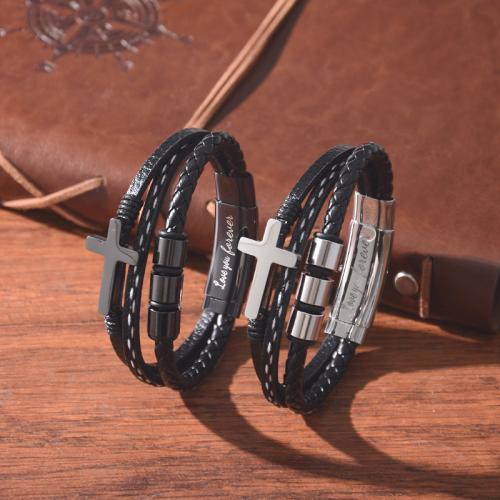 PU Leather Bracelet, with 304 Stainless Steel, Cross, plated, vintage & multilayer & for man Approx 19-22 cm 