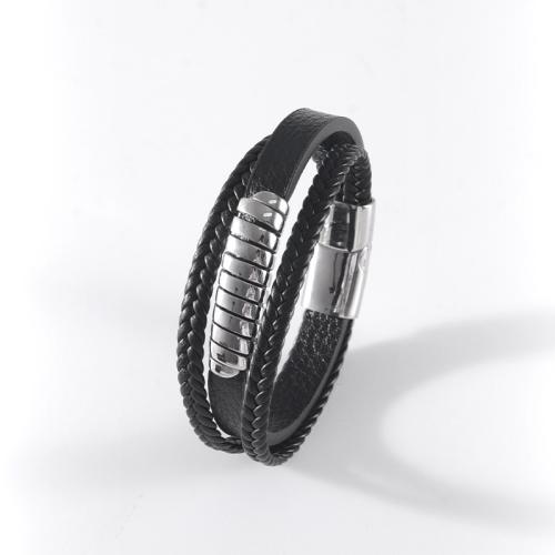 PU Leather Bracelet, with 304 Stainless Steel, vintage & multilayer & for man, black 