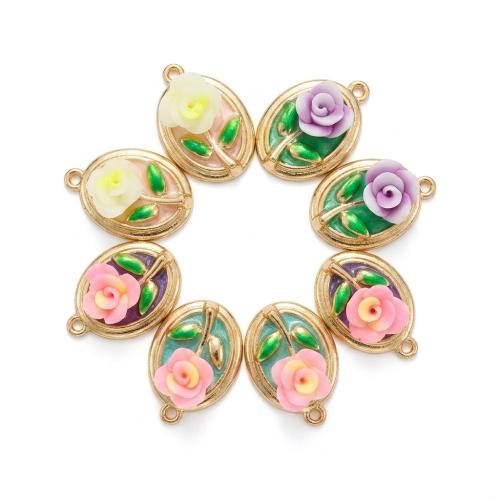 Pendentifs argile de polymère Fimo, avec alliage de zinc, ovale plat, Placage de couleur d'or, DIY & avec le motif de fleurs & émail, plus de couleurs à choisir Environ 2mm, Vendu par PC[
