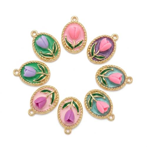 Pendentifs argile de polymère Fimo, avec alliage de zinc, ovale plat, Placage de couleur d'or, DIY & avec le motif de fleurs & émail, plus de couleurs à choisir Environ 2mm, Vendu par PC[
