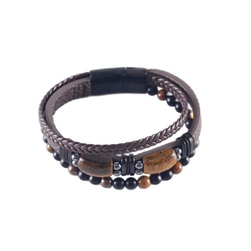 PU Leather Bracelet, with Tiger Eye, vintage & multilayer & for man 