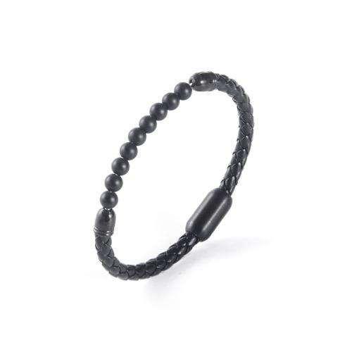 PU Leather Bracelet, with Gemstone & 304 Stainless Steel, handmade, vintage & for man, black 