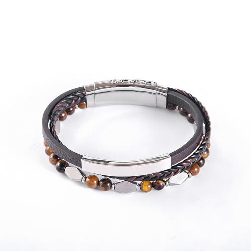 PU Leather Bracelet, with PU Leather & 304 Stainless Steel, polished, vintage & multilayer & for man Approx 8.5 Inch 