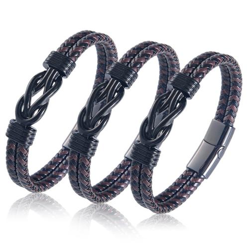 PU Leather Bracelet, with 304 Stainless Steel, Infinity, polished, Double Layer & vintage & braided & for man 