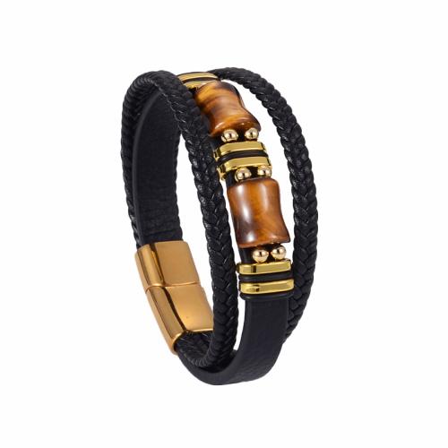 PU Leather Bracelet, with Gemstone & 304 Stainless Steel, multilayer & for man 