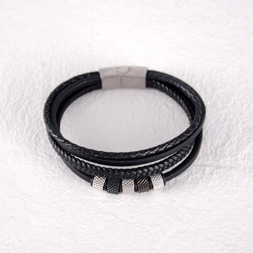 PU Leather Bracelet, with 304 Stainless Steel, plated, vintage & multilayer & for man 