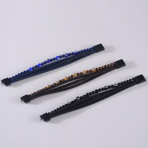 PU Leather Bracelet, with Gemstone & 304 Stainless Steel, handmade, multilayer  & for man 