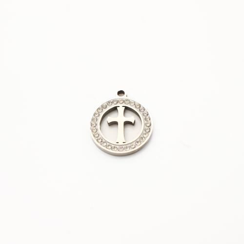 Rhinestone Stainless Steel Pendants, 304 Stainless Steel, Cross, DIY & with rhinestone & hollow, original color 