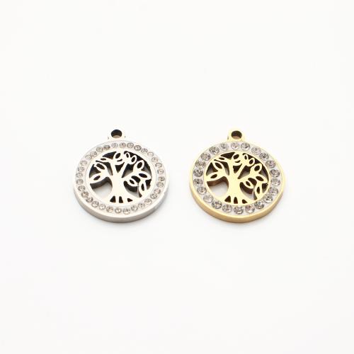 Rhinestone Stainless Steel Pendants, 304 Stainless Steel, Tree, plated, DIY & with rhinestone & hollow 