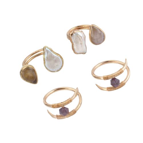 Gemstone Cuff Finger Ring, with Freshwater Shell & Zinc Alloy, gold color plated, Unisex 