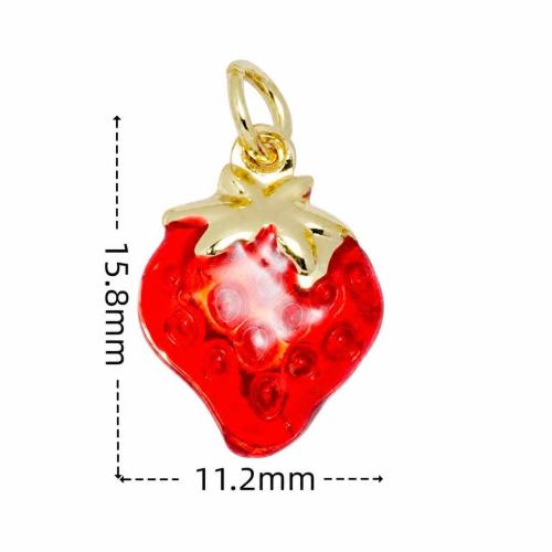 Enamel Brass Pendants, Strawberry, gold color plated, DIY & with rhinestone 