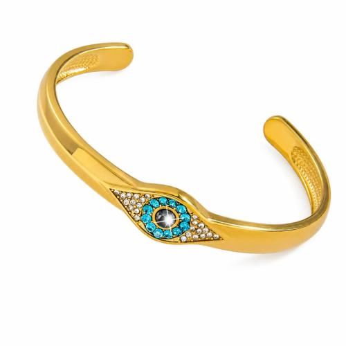 Stainless Steel Cuff Bangles, 304 Stainless Steel, Evil Eye, Vacuum Ion Plating, for woman & with rhinestone, gold, Inner Approx 60mm 