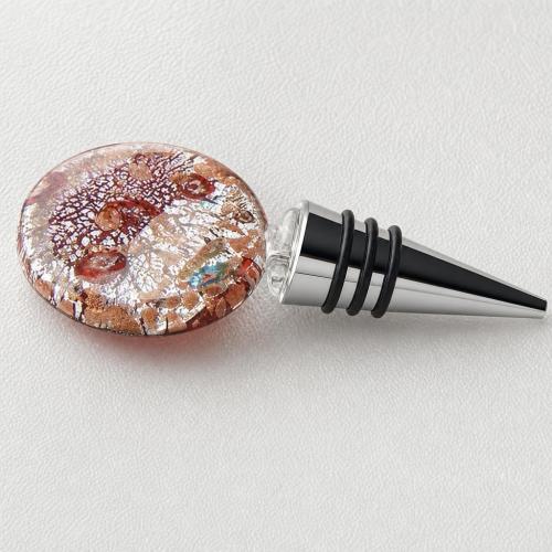Lampwork Bottle Stopper, with Zinc Alloy, Flat Round, silver foil 