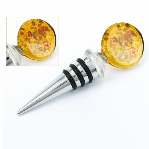 Lampwork Bottle Stopper, with Zinc Alloy, Flat Round, gold sand, yellow, 123mm 