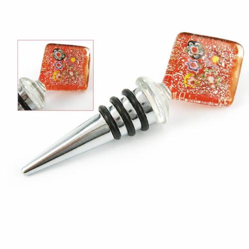 Lampwork Bottle Stopper, with Zinc Alloy, Rhombus, with millefiori slice & silver foil, 123mm 