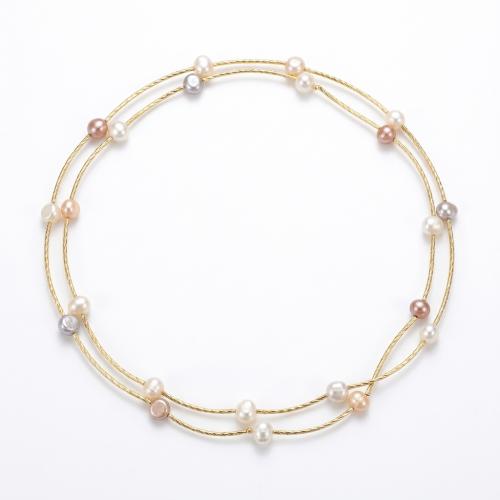 bracelet en laiton de perle d'eau douce cultivée, avec laiton, Placage de couleur d'or, bijoux de mode & élastique & pour femme, plus de couleurs à choisir, pearl size 6-8mm Environ 50 cm, Vendu par PC[