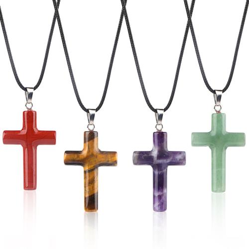 Gemstone Necklace, with leather cord, with 5cm extender chain, Cross, polished & Unisex Approx 45 cm 