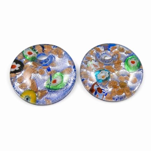 Pendentif Murano pour boucle d'oreille, chalumeau, Plat rond, avec tranche de millefiori & sable d'or et feuille d'argent Environ 5mm, Vendu par paire