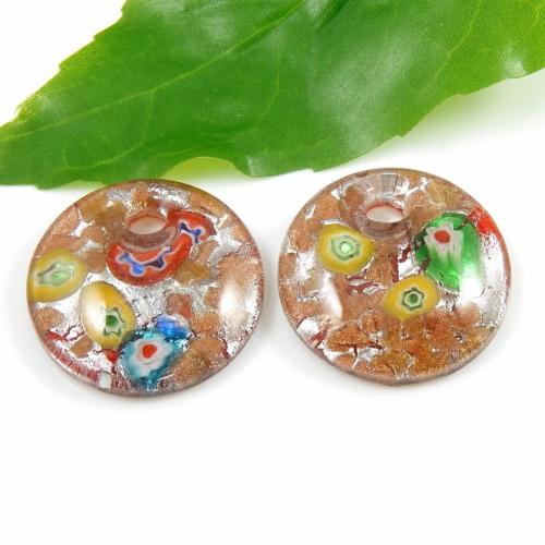 Pendentif Murano pour boucle d'oreille, chalumeau, Plat rond, avec tranche de millefiori & sable d'or et feuille d'argent Environ 5mm, Vendu par paire