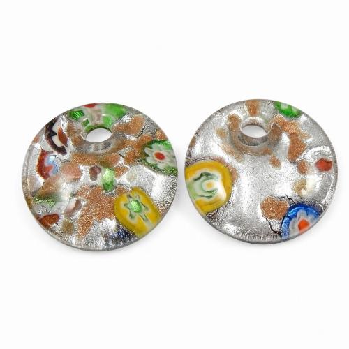 Pendentif Murano pour boucle d'oreille, chalumeau, Plat rond, avec tranche de millefiori & sable d'or et feuille d'argent Environ 5mm, Vendu par paire