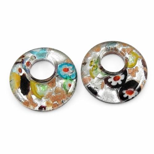 Pendentif Murano pour boucle d'oreille, chalumeau, beignet, avec tranche de millefiori & sable d'or et feuille d'argent Environ 9mm, Vendu par paire