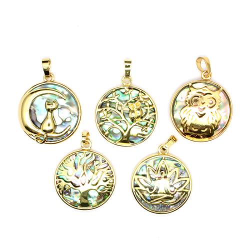 Abalone Shell Pendants, with Zinc Alloy, Flat Round, gold color plated, Unisex 