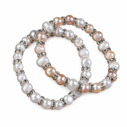 Cultured Freshwater Pearl Bracelets, with rhinestone brass spacer & Elastic Thread, fashion jewelry & for woman 7-8mm Approx 18 cm 