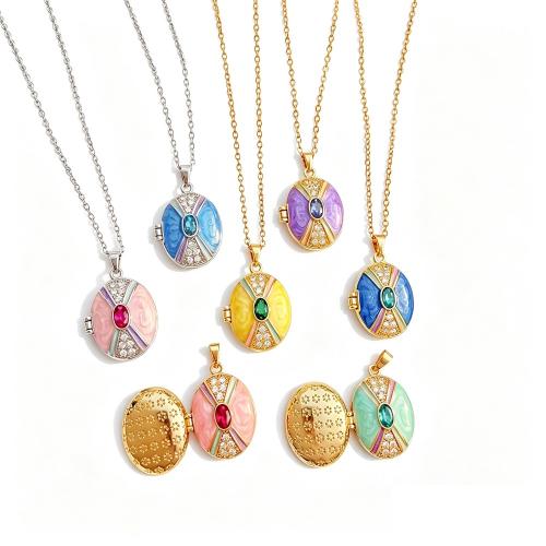 Brass Locket Necklace, with 5cm extender chain, plated, cross chain & micro pave cubic zirconia & for woman & enamel pendant size Approx 40 cm 