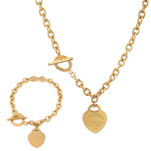 304 Stainless Steel Bracelet and Necklace, Heart, plated & for woman & enamel 