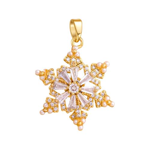 Cubic Zirconia Micro Pave Brass Pendants, with Plastic Pearl, Snowflake, plated, DIY & micro pave cubic zirconia, pendant size 17-29mm 