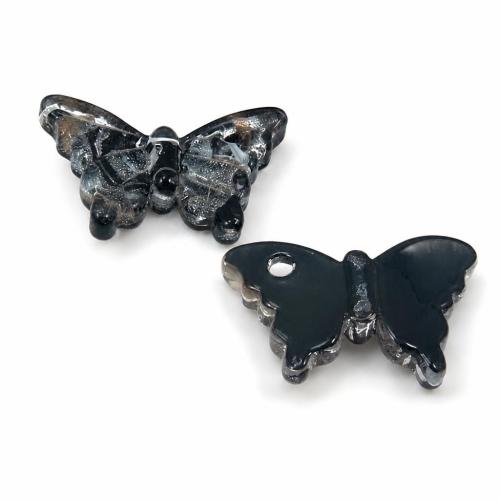 Pendentif Murano pour boucle d'oreille, chalumeau, papillon, sable d'or et feuille d'argent, noire Environ 2mm, Vendu par paire