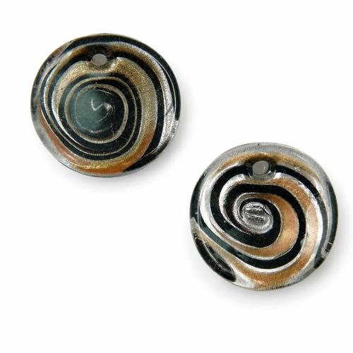 Pendentif Murano pour boucle d'oreille, chalumeau, Plat rond, sable d'or et feuille d'argent Environ 3mm, Vendu par paire