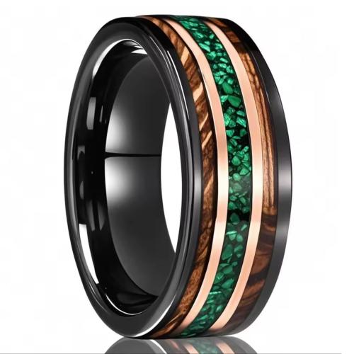 Tungsten Steel Finger Ring, with Green Opal & Wood, plated, Unisex black, US Ring .5 
