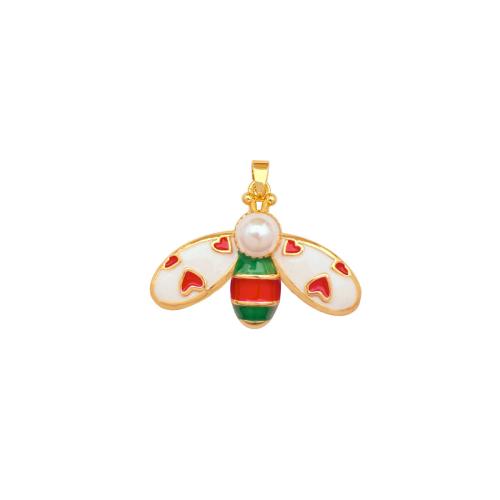 Cubic Zirconia Micro Pave Brass Pendants, with Plastic Pearl, Bee, plated, DIY & micro pave cubic zirconia & enamel, pendent size 16-28mm 