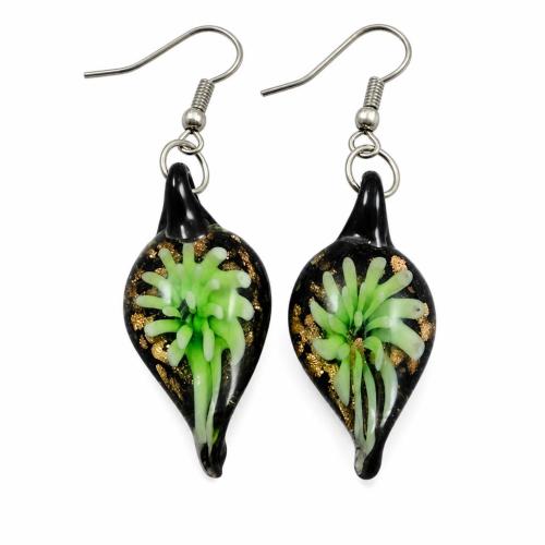 Lampwork Drop Earring, Leaf, gold sand [