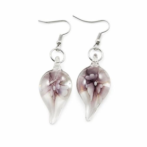 Lampwork Drop Earring, brass earring hook, Leaf, inner flower 