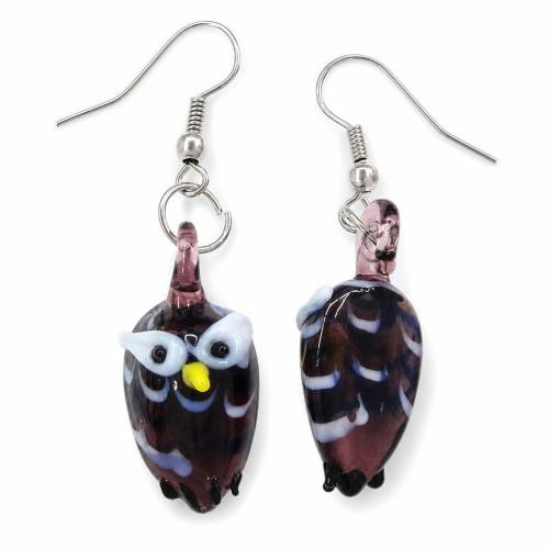 Lampwork Drop Earring, brass earring hook, Owl .8 Inch 