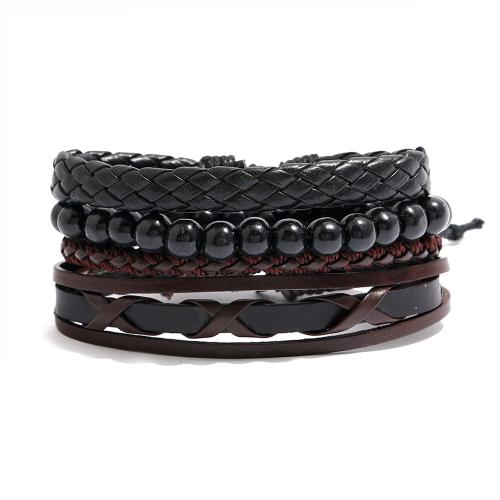Cowhide Bracelet Set, with PU Leather & Wax Cord & Wood, with 8-9cm extender chain, Unisex & braided, Inner Approx 60mm Approx 17-18 cm 