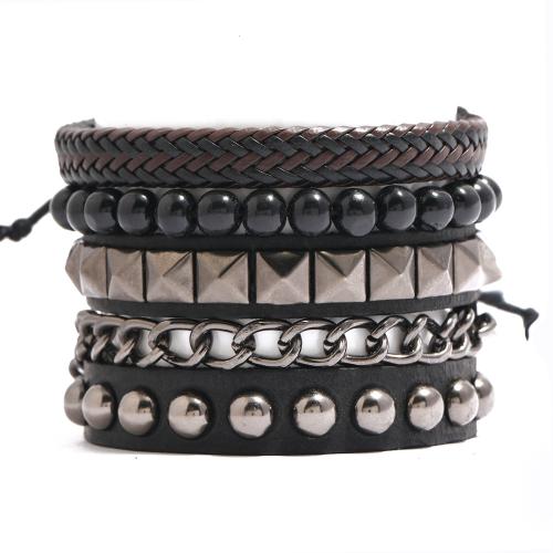 Cowhide Bracelet Set, with PU Leather & Wax Cord & Wood, with 8-9 extender chain, multilayer & Unisex, Inner Approx 60mm Approx 17-18 cm, Approx 22 cm 