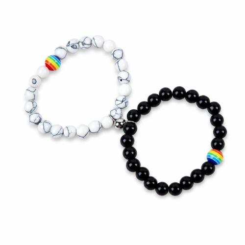 Gemstone Bracelets, Howlite, with Obsidian & Lava & Resin & 304 Stainless Steel, Unisex Approx 7 Inch 
