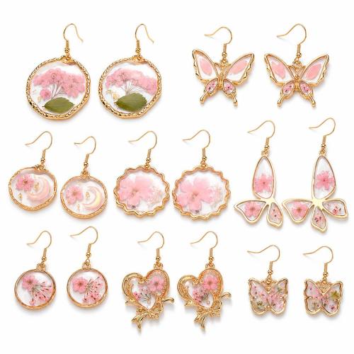 Zinc Alloy Drop Earring, with Dried Flower, gold color plated & for woman, earring size 18-54mm 
