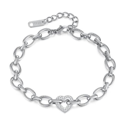 304 Edelstahl Armband, mit Verlängerungskettchen von 4cm, Herz, plattiert, Micro pave Zirkonia & für Frau, keine, Länge:ca. 18 cm, verkauft von PC