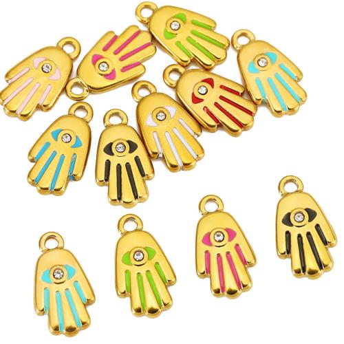 Rhinestone Stainless Steel Pendants, 304 Stainless Steel, Hamsa, gold color plated, DIY & enamel & with rhinestone 