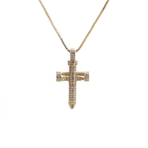 Brass Necklace, with 5cm extender chain, Cross, gold color plated & micro pave cubic zirconia & for woman Approx 45 cm 