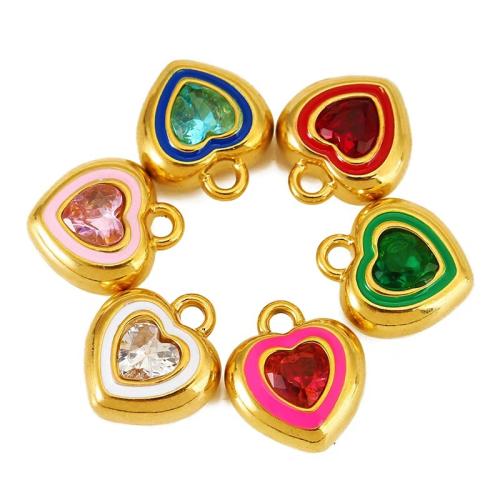 Rhinestone Stainless Steel Pendants, 304 Stainless Steel, Heart, gold color plated, DIY & enamel & with rhinestone 