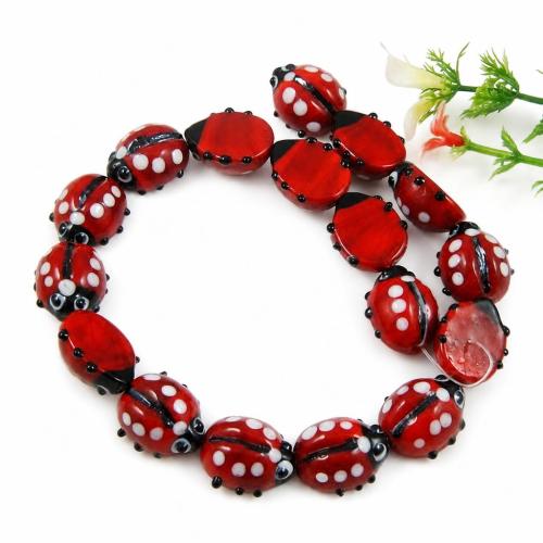 Tier Lampwork Perlen, Marienkäfer, rot, 15x18x9mm, Bohrung:ca. 1.5mm, Länge:14 ZollInch, 20PCs/Strang, verkauft von Strang